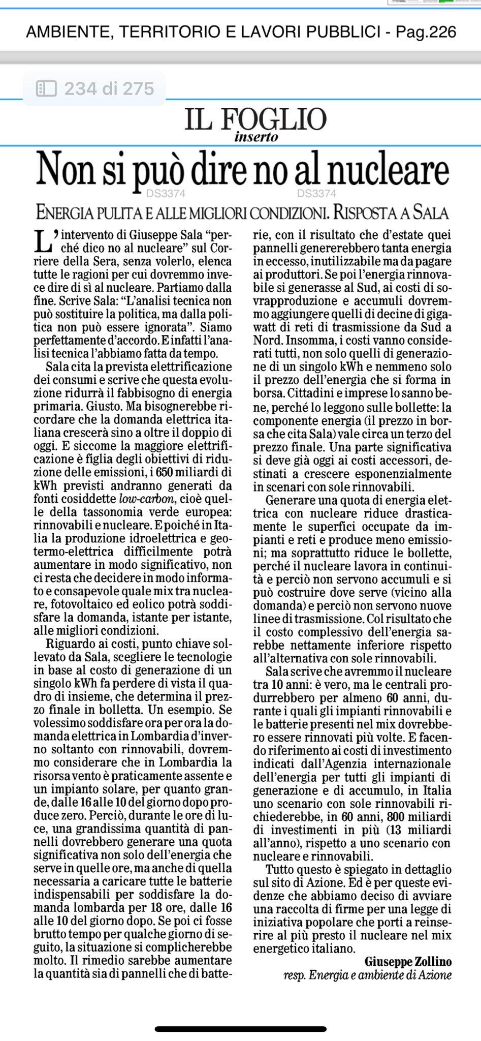 Articolo del Foglio del Prof Zollino